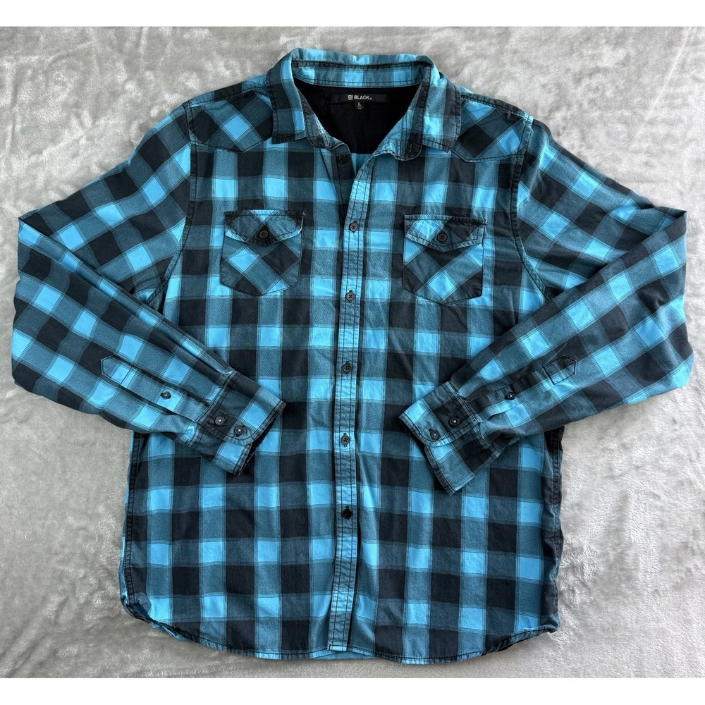 BLACK Men's Large Blue Black Plaid Button Front Long Sleeve Shirt